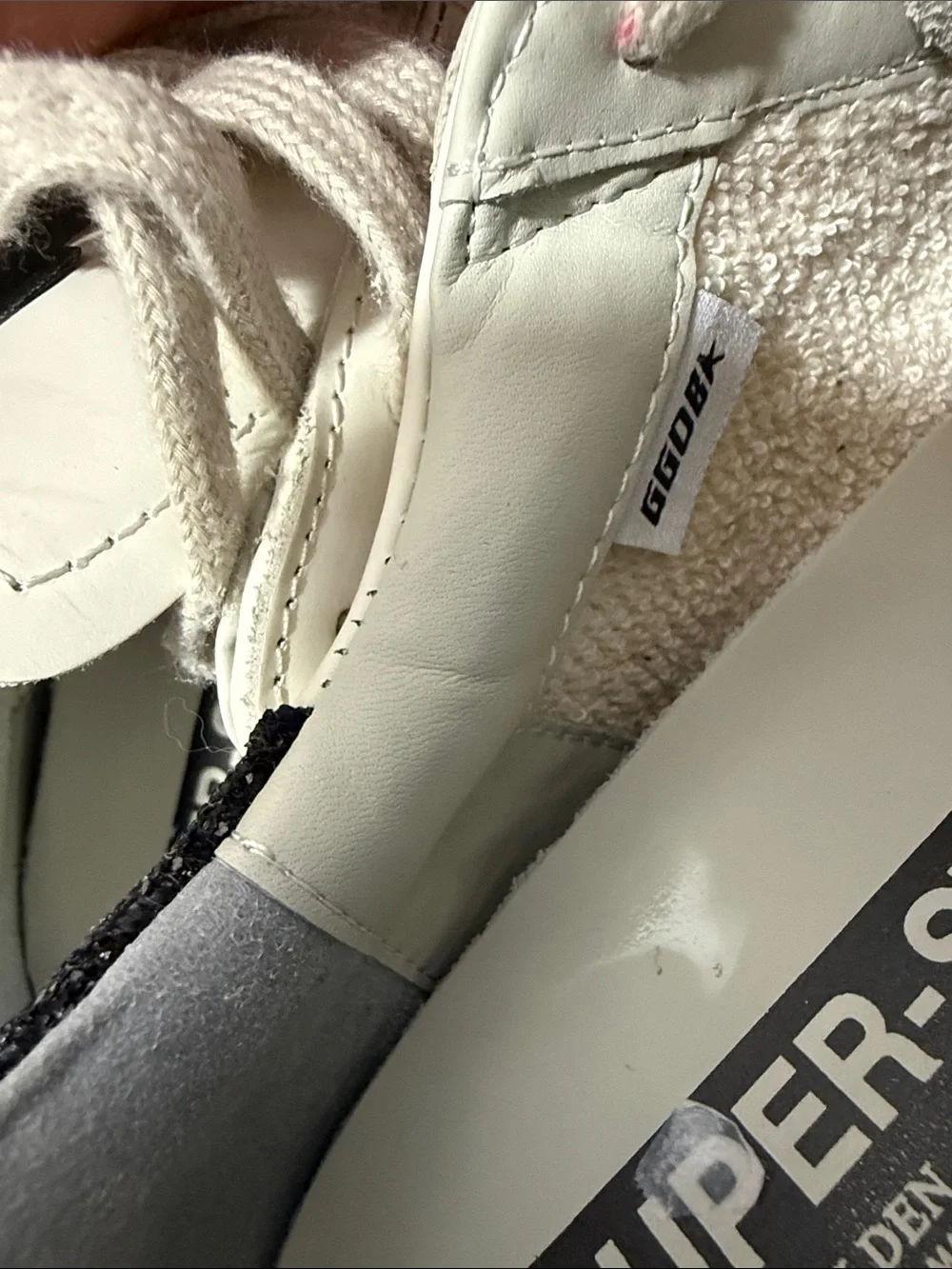 Golden Goose Super Star White Low-Top Sneaker with Beige Star and Black Glitter - Picture 9 of 11